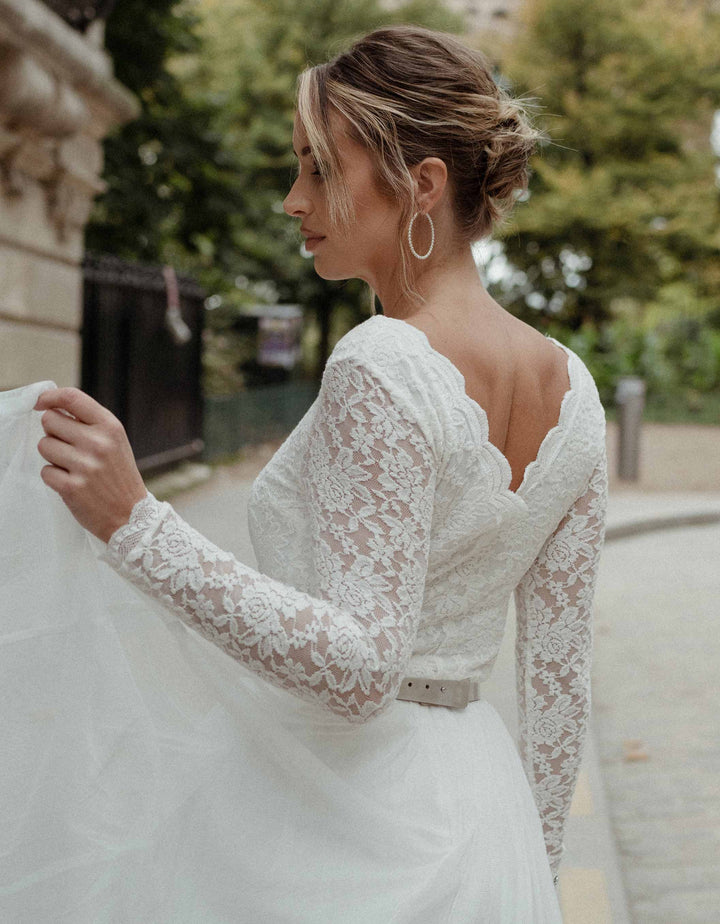 CONSTANT LOVE Spitzen Braut Body Weiß Langarm