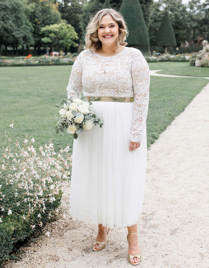 CONSTANT LOVE CURVY Braut Spitzenoberteil GORDES Langarm U-Boot Ausschnitt Cremeweiss