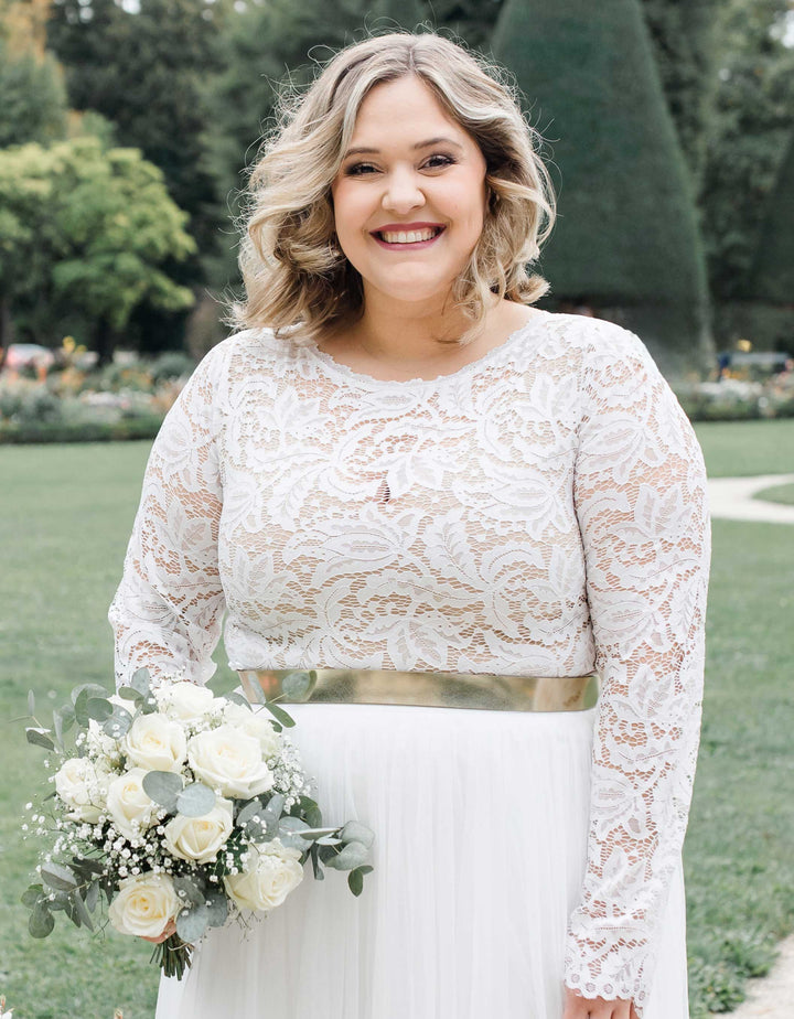 CONSTANT LOVE CURVY Braut Spitzenoberteil GORDES Langarm U-Boot Ausschnitt Cremeweiss